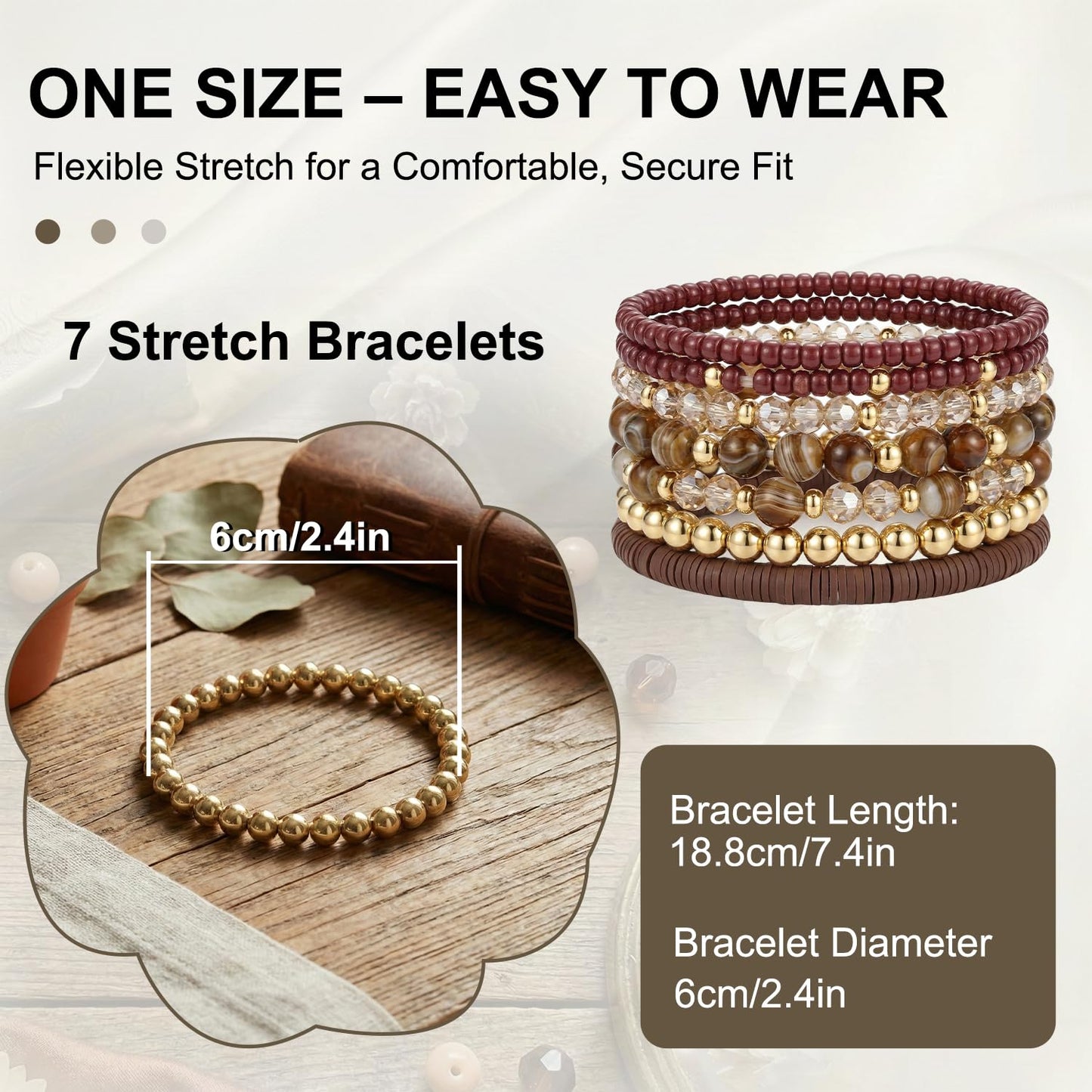 Ysenchan 7 Pcs Gold Beaded Bracelets for Women Trendy, 14K Gold Plated Stackable Stretch Bracelets Set, Adjustable Elastic Gold Bead Strand Jewelry, Hypoallergenic Gift for Women