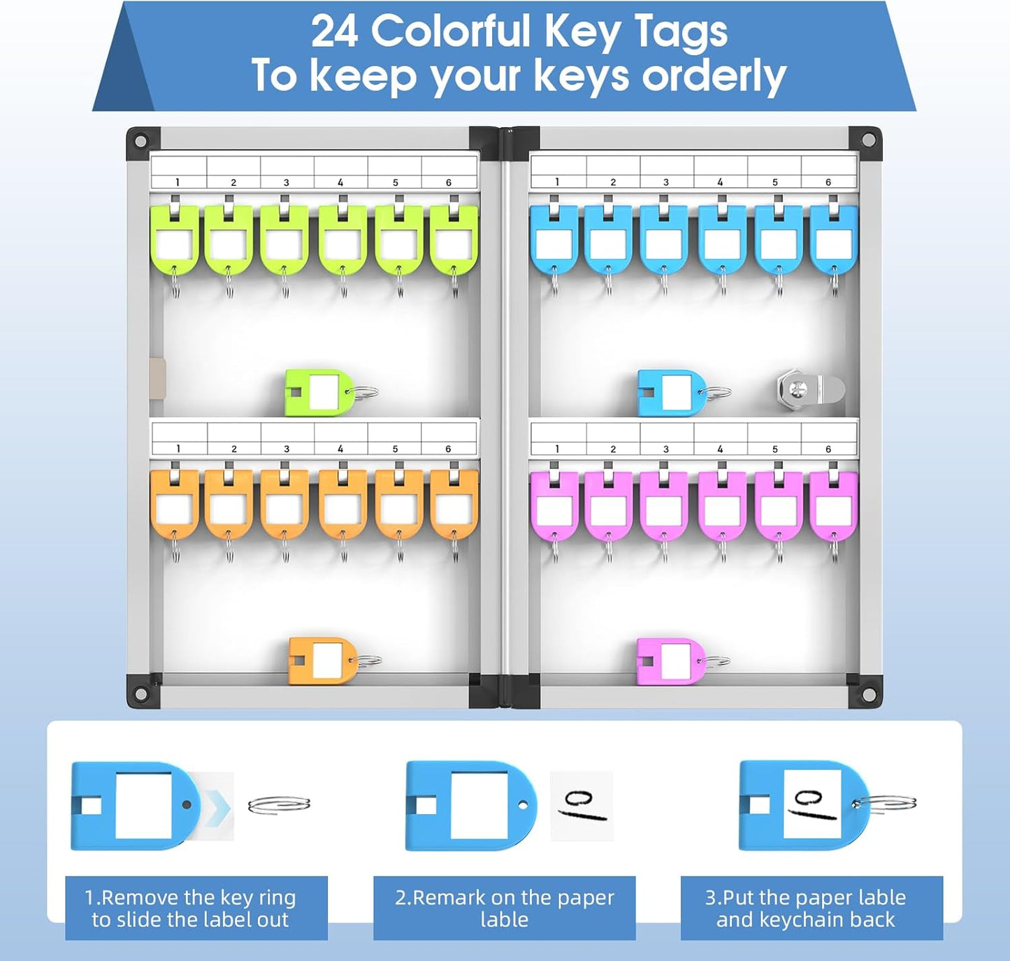 24 Slots Lock Box for Keys Wall Mount, Locking Key Cabinet, Key Storage Box with Key Hooks & Tags & Lables, 8.45" x 2.55" x 13" (Black-Key Lock, 24 Keys)