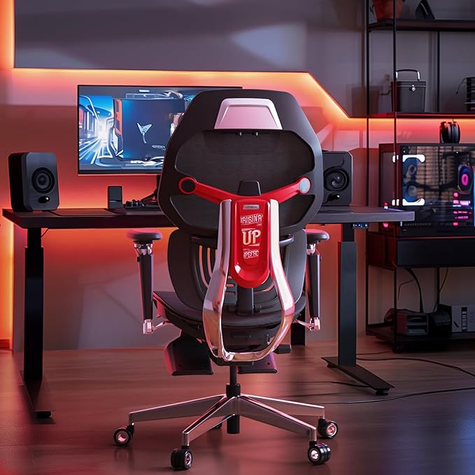 ES2T Computer Desk Gaming Chair with 2-Piece Protrusion Adjustable Lumbar Support Trackmaster 6D Armrest Height Adjustable with 2D Leather Headrest 136° Tilt for Office and Gaming