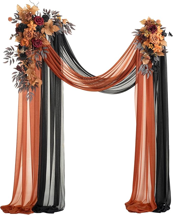 Ling's moment Black Orange Artificial Wedding Arch Flowers Kit Pack of 4, 2pcs Hanging Flower Arrangement 2pcs Chiffon Drapes Ceremony Reception Fake Rose Arbor Backdrop Floral Party Outdoor Decor