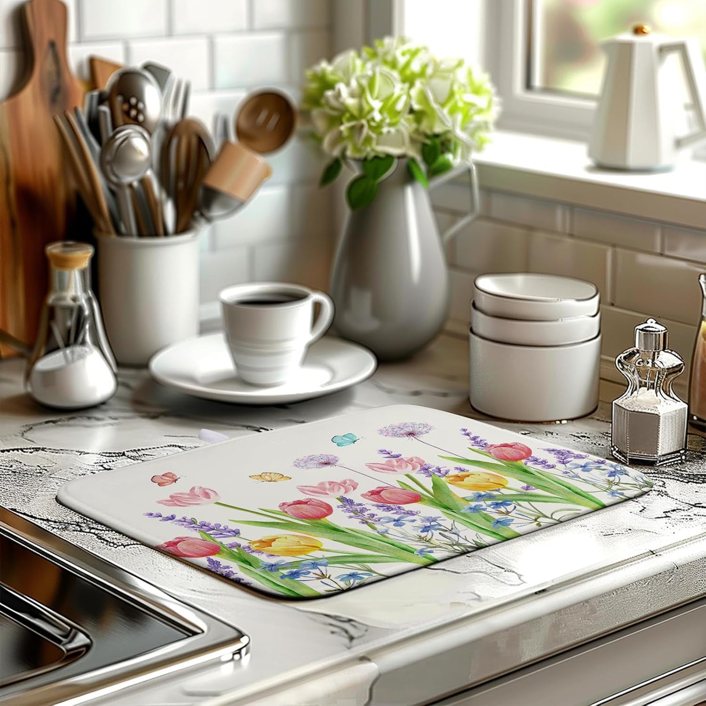 Spring Floral Dish Drying Mat Tulip Lavender Flower Dishes Pad Absorbent Microfiber Dish Draining Mat Washable Medium Dish Drainer Rack Mats for Kitchen Counter 16"x18"