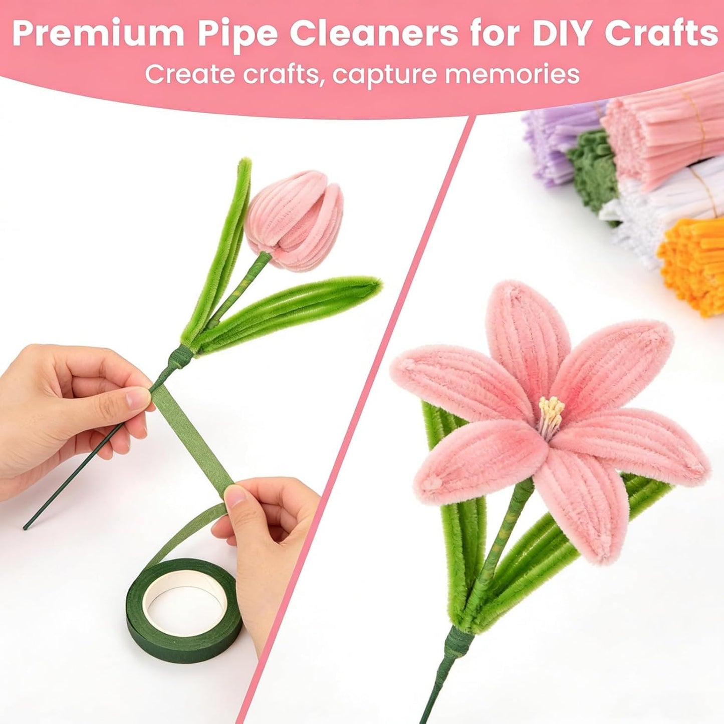 Pipe Cleaners Craft, 500 PCS Pipe Cleaner Flower Kit with 5 Colors Chenille Stems, Floral Wires, Ribbon, Gardening Tape & Stamen for DIY Bouquets, Arts and Crafts Supplies