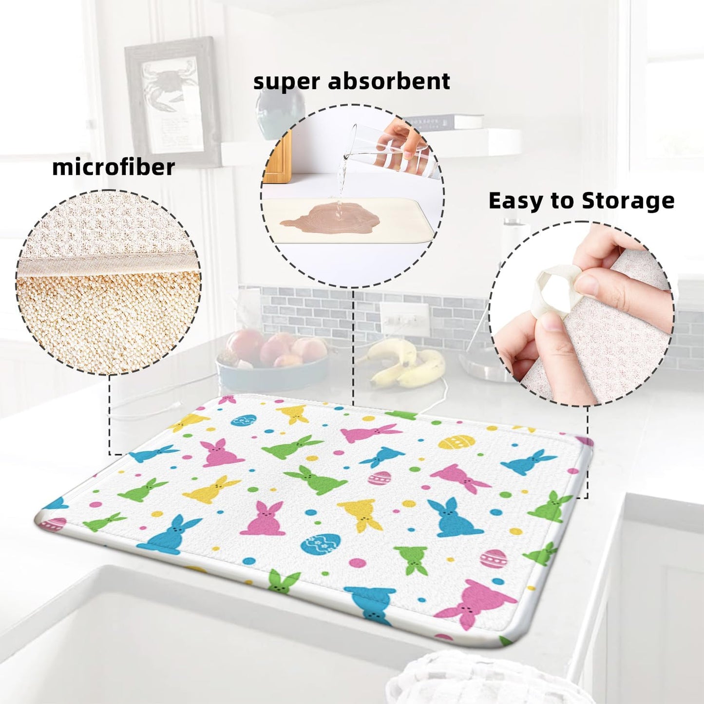 Easter Dish Drying Mat for Kitchen Counter 16''x18'' Microfiber Absorbent, Small & Compact Red Kitchen Draining Mat for Countertops Dish Drainer Mat Drying Pad Foldable Utensils, and Cookware