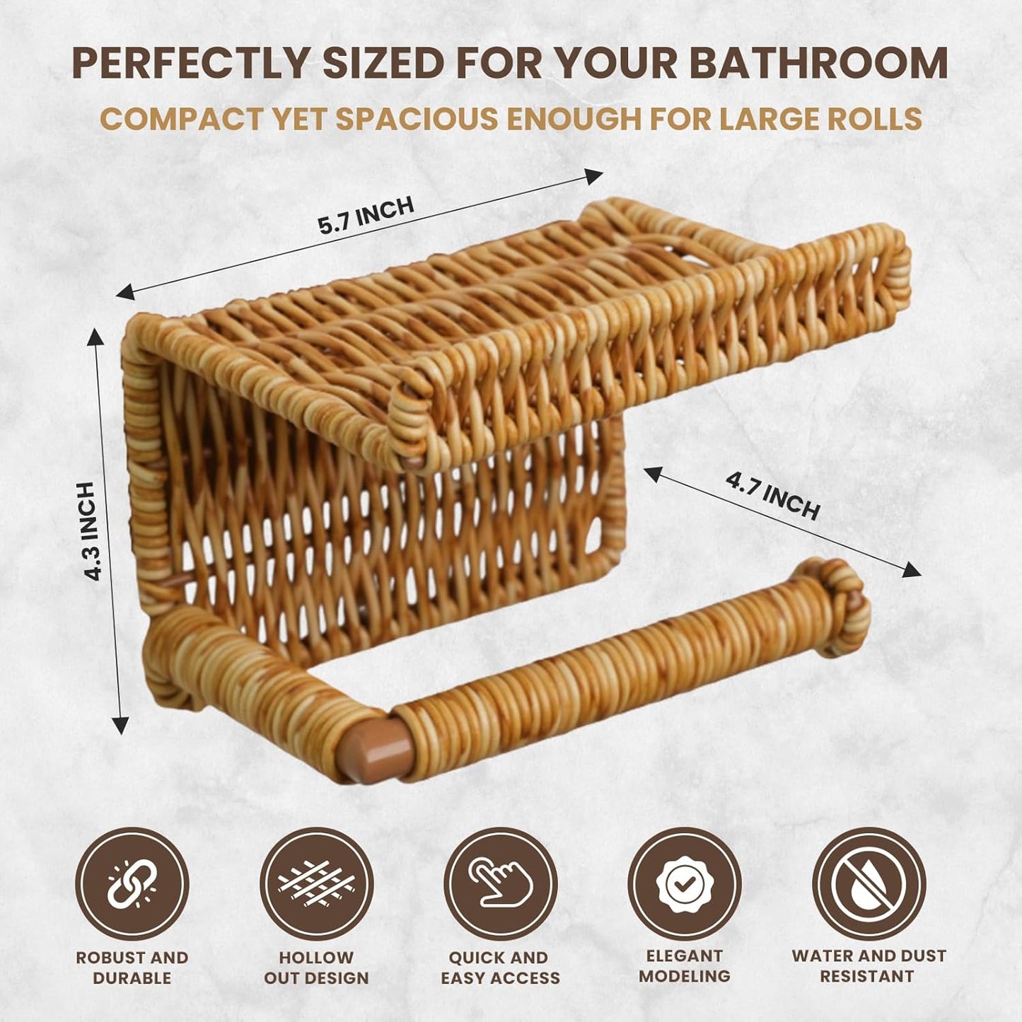Synthetic Rattan Toilet Paper Holder with Shelf – Fits Mega Rolls, Boho Bathroom Decor Roll Holder for RV, Washroom, Kitchen – Water-Resistant Woven Tissue Dispenser (Natural, Adhesive Mount)