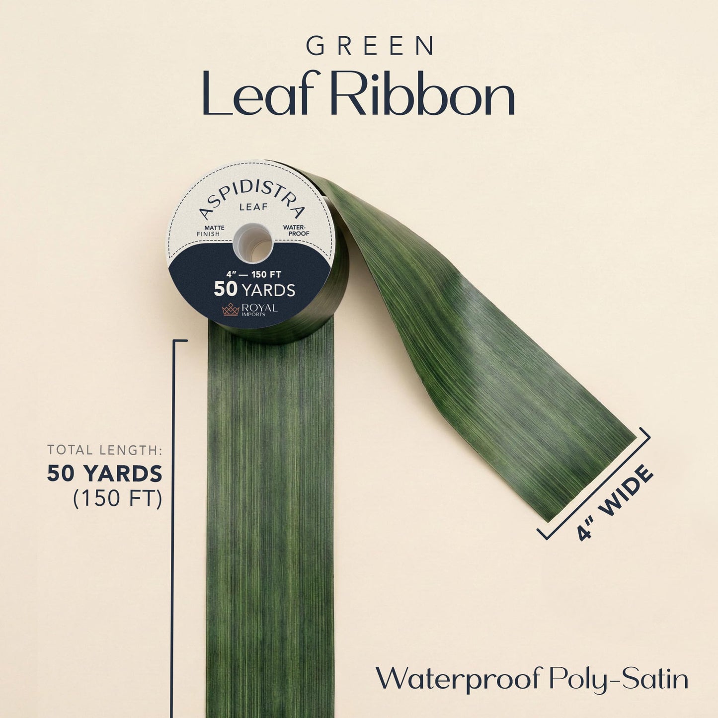 Royal Imports Green Aspidistra Leaf Floral Ribbon, Wide Faux Poly Satin Waterproof Aspidistra Ribbon 4" (#100) for Indoor & Outdoor, Wrap for Florist, Wedding Bouquet, Art & Crafts, 50 Yard Roll