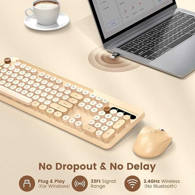 Wireless Keyboard and Mouse Combo, Retro Round Keycaps, Full-Size Stylish Typewriter Keyboard with Phone/Tablet Holder, Ergonomic Mouse with 3-Level DPI, 2.4GHz Connection for Windows/PC (Milk-Tea)