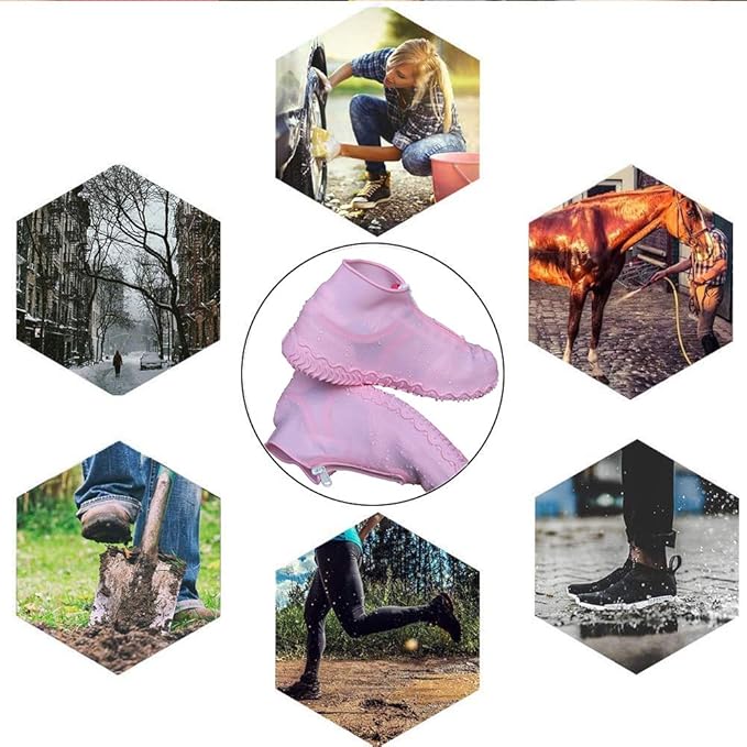 Waterproof Shoe Covers, Silicone Reusable Shoe Cover Non-slip Durable Zipper Elastic Rain Cover Protection for Men Women (L (Women 7.5-10.5, Men 6.5-9), Pink)