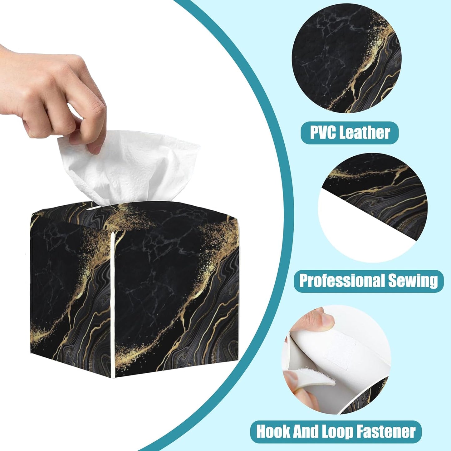 Black Golden Marble Tissue Box Cover Square,Leather Tissue Holder with Bottom Belt,Waterproof Facial Paper Organizer Tissue Box Cover for Home Office Bathroom Vanity Countertop,5.2" x 5.2" x 5.2"