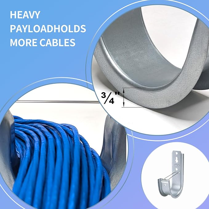 100 Pack 2-Inch Galvanized Steel Cable Support J-Hooks with Retainer Clips - Heavy Duty Wall Mount Cable Management Hooks for Structured Cabling & Organization