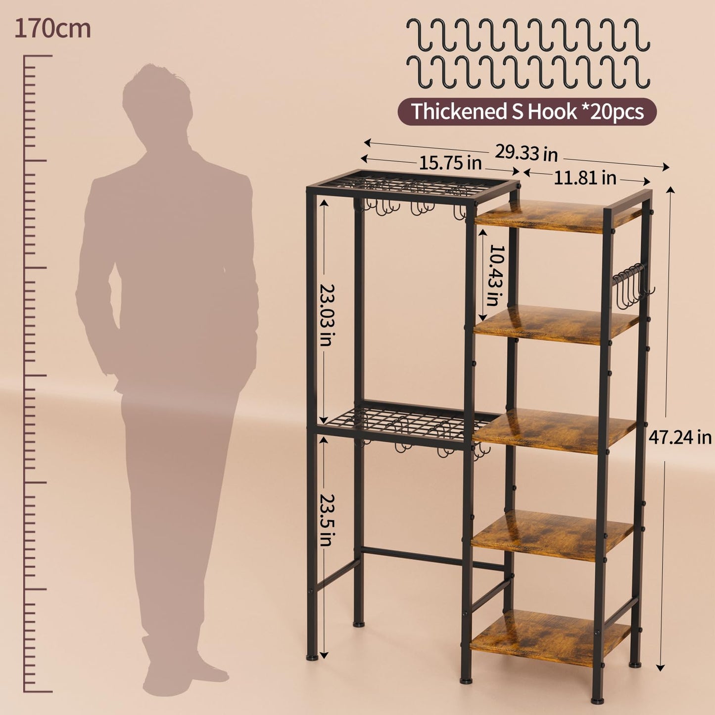 OMISRUIS 5-Tier Pot and Pan Organizer Rack with Hooks, Heavy-Duty Kitchen Storage Shelf for Cookware, Dishes, and Utensils, Freestanding Metal Pot Rack Organizer for Kitchen, Pantry, or Dining Room