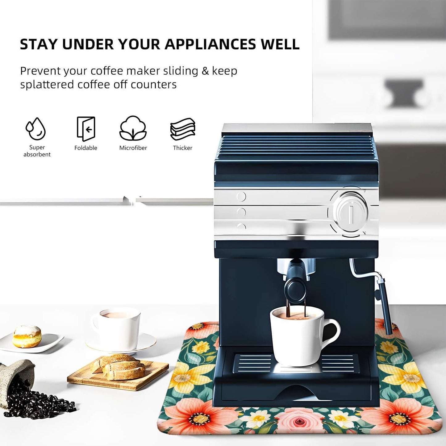 Floral Spring Small Dish Drying Mat for Kitchen Counter 16''x18''Microfiber Absorbent, Foldable, Quick-Dry, Non-Slip,Compact Kitchen Drying Pad for Dishes, Countertops, and Cookware