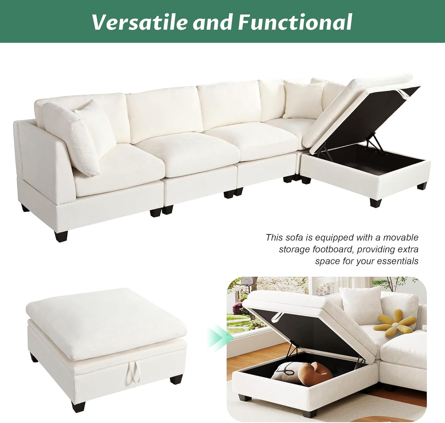127.6 Inch 5-Seat Modular Convertible Sectional Sofa with Removable Storage Ottoman and 2 Hidden Cupholder, L-Shaped Upholstery Corner Couch for Living Room Apartment Office, Beige