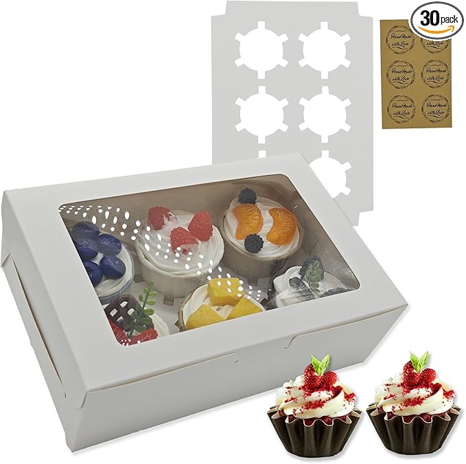 Cupcake Boxes 6 Count, Disposable Cupcake Containers, Food Grade Carrier with Window and Inserts for Cupcakes Muffins Cookies Pastries Donuts (White, 30 Pack)