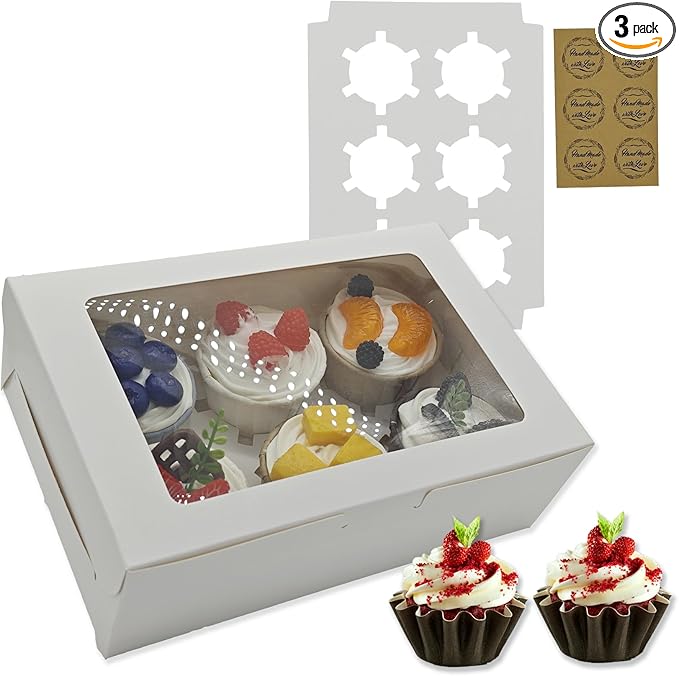 Cupcake Boxes 6 Count, Disposable Cupcake Containers, Food Grade Carrier with Window and Inserts for Cupcakes Muffins Cookies Pastries Donuts (White, 3 Pack)
