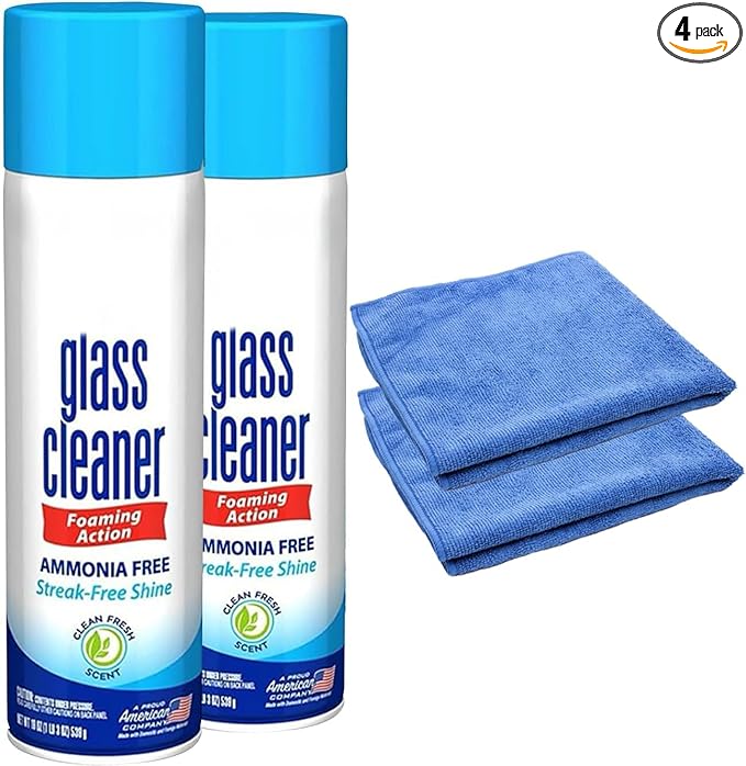 Glass Cleaner Foam, Foaming Action & Spray, 23oz - 2 Pack - Clean Fresh Scent - Bundled With 2 Microfiber Cleaning Clothes (46 oz Total)