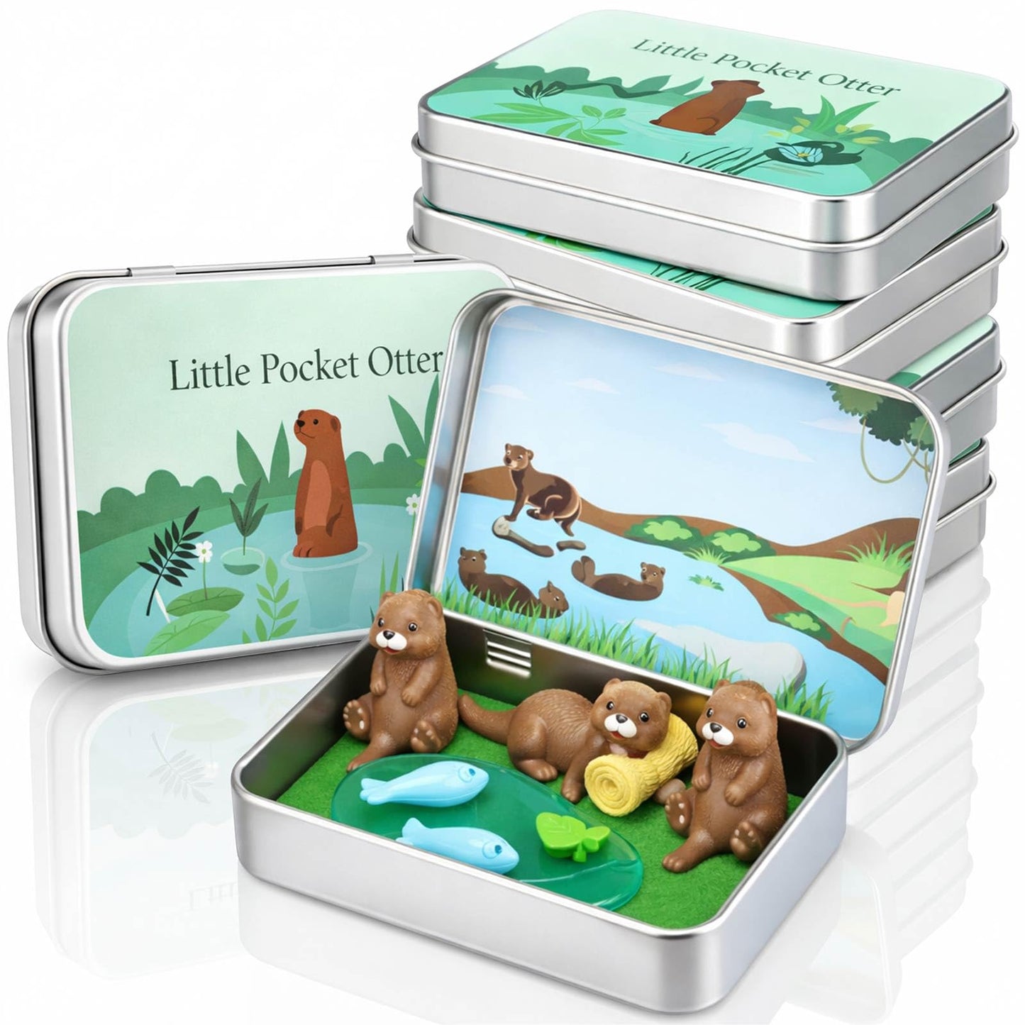 Lewtemi 6 Set Pocket Otter DIY Miniature Landscape Kit 3 Cute Otter Figurines Portable Tin Box Travel Companion Ideal Gift for Animals Lovers Friends Coworkers Nature Fans Desk Decor