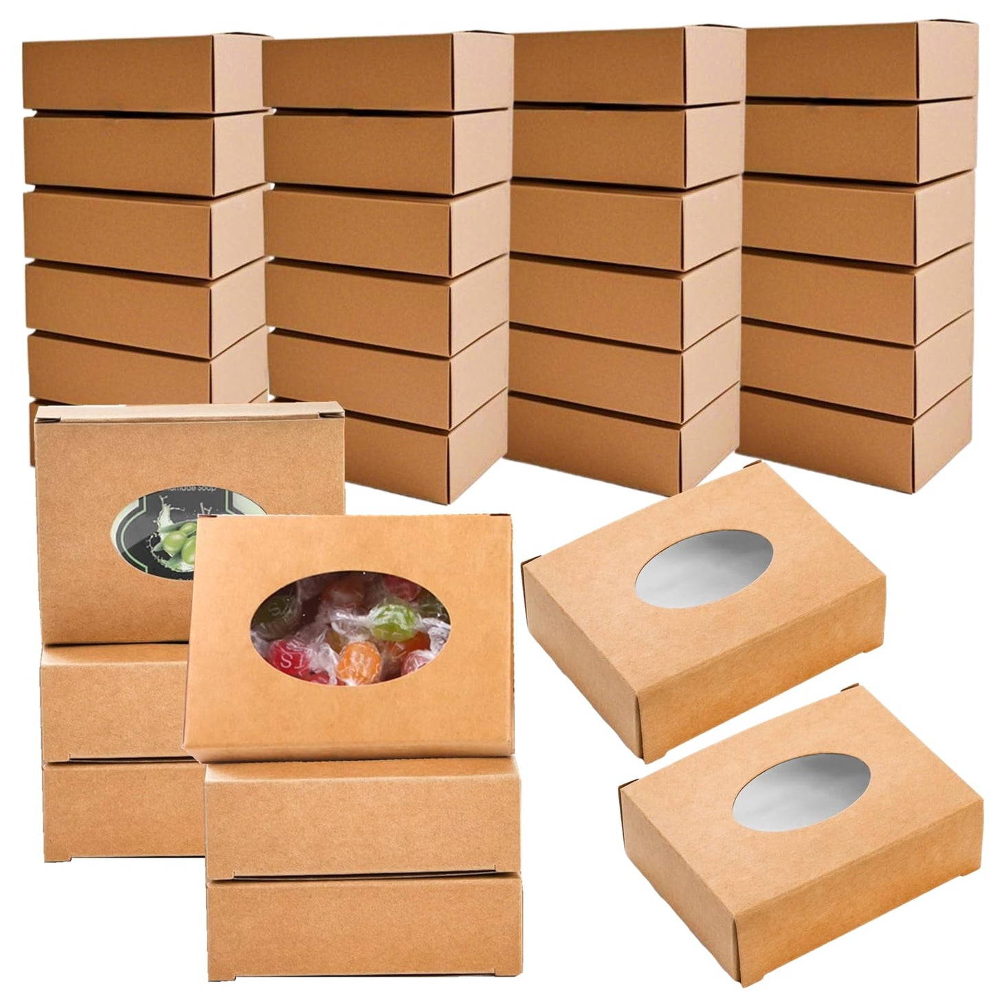 Zentriqlla 120 Pack Paper Soap Boxes, Kraft Treat Box with Window, Favor Packaging Boxes for Wedding, Birthday, Party, Homemade Bakery Candy Party Treats, Easy to Assemble