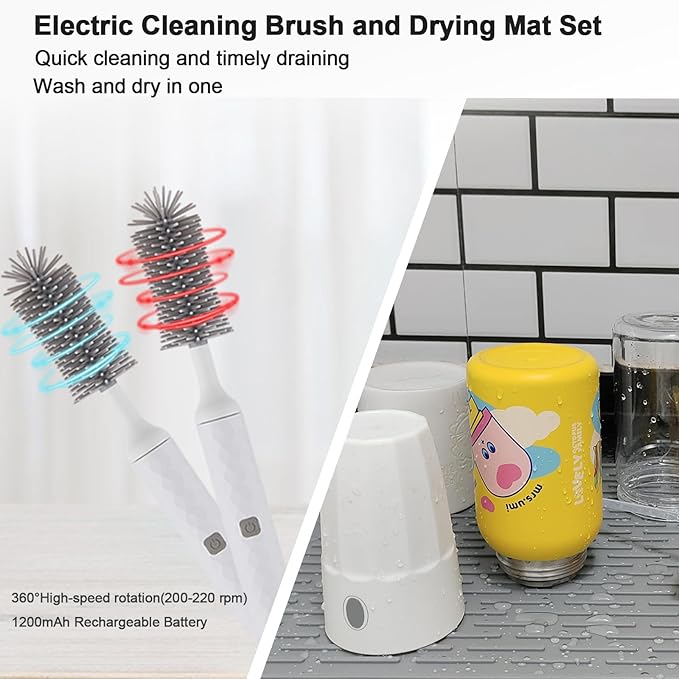 Cleaning Brush Set with USB Rechargeable Electric Bottle Brush, 3-Piece Replaceable Silicone Bottle Brush and 8 * 12 inch Silicone Drying mat,Straw Brush Included in Storage Box(White)