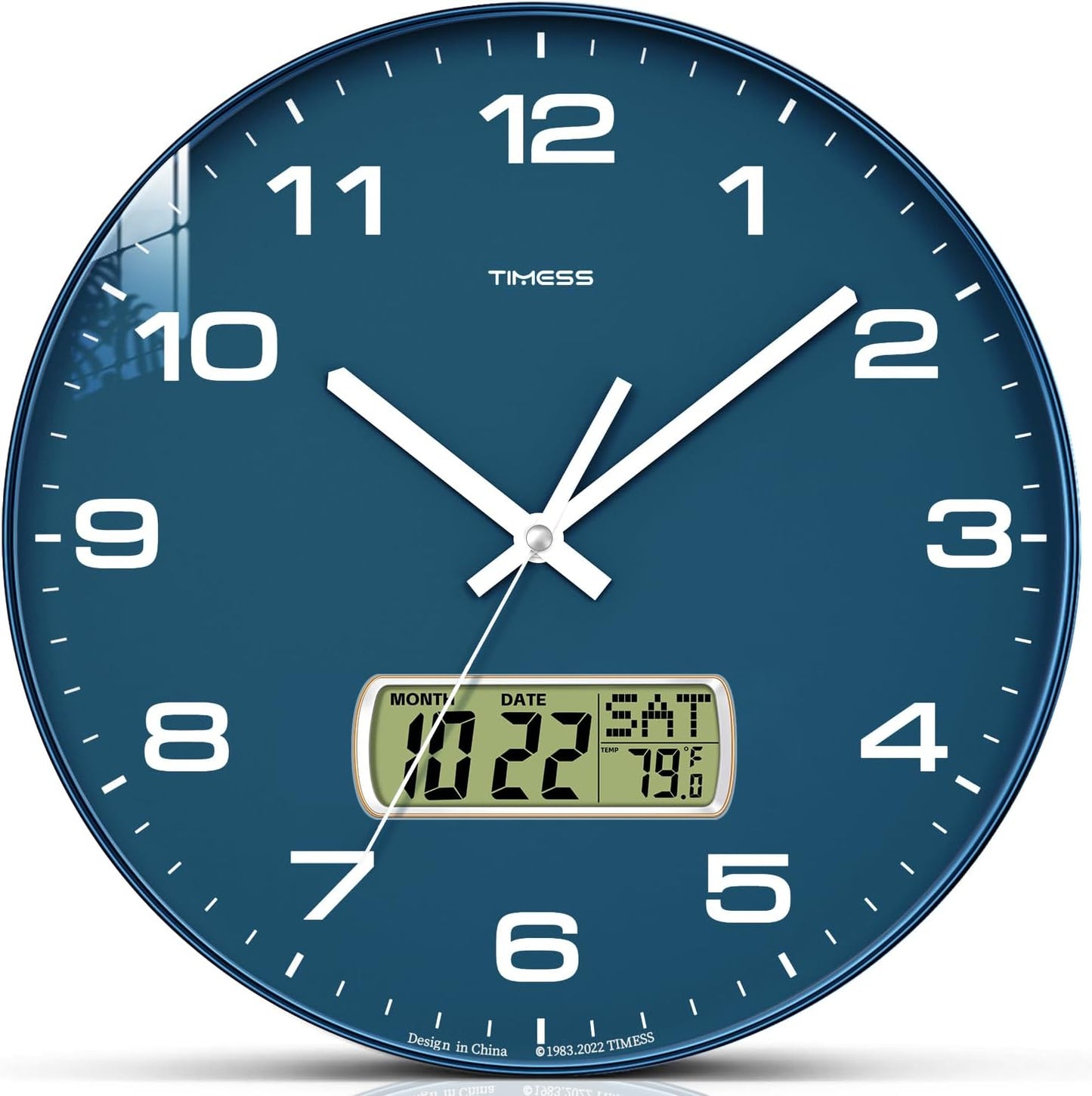 Wall Clock, 12" Dial Non-Ticking Silent Battery Operated Analog with LCD Display for Perpetual Calendar and F° Temperature, Ideal Modern Home, Bedroom, Kitchen, Office Decor (Blue)