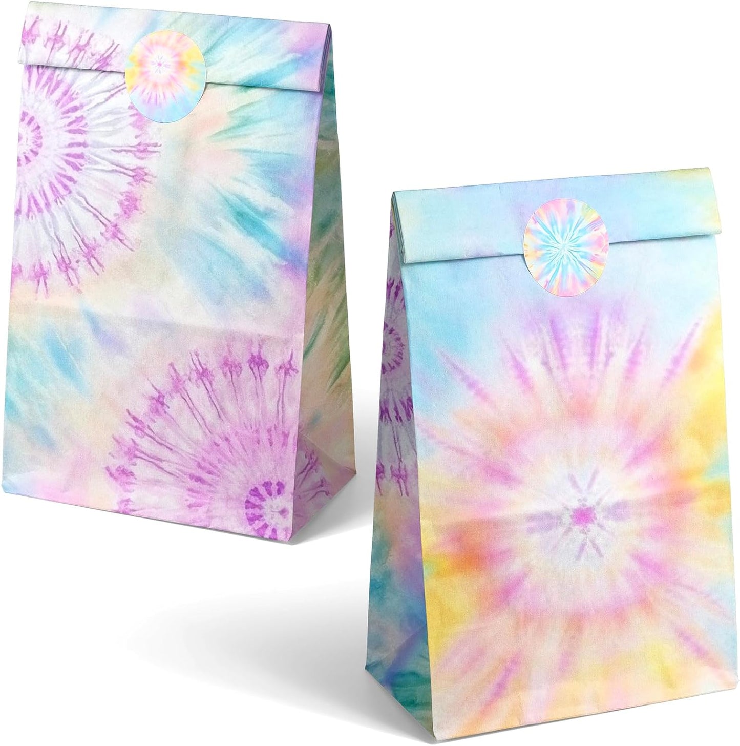 Tie Dye Party Favor Bags – 24 Pcs Pastel Gift Bags with 4 Designs, Paper Goodie for Birthday Party, Hippie Theme Decorations and Supplies