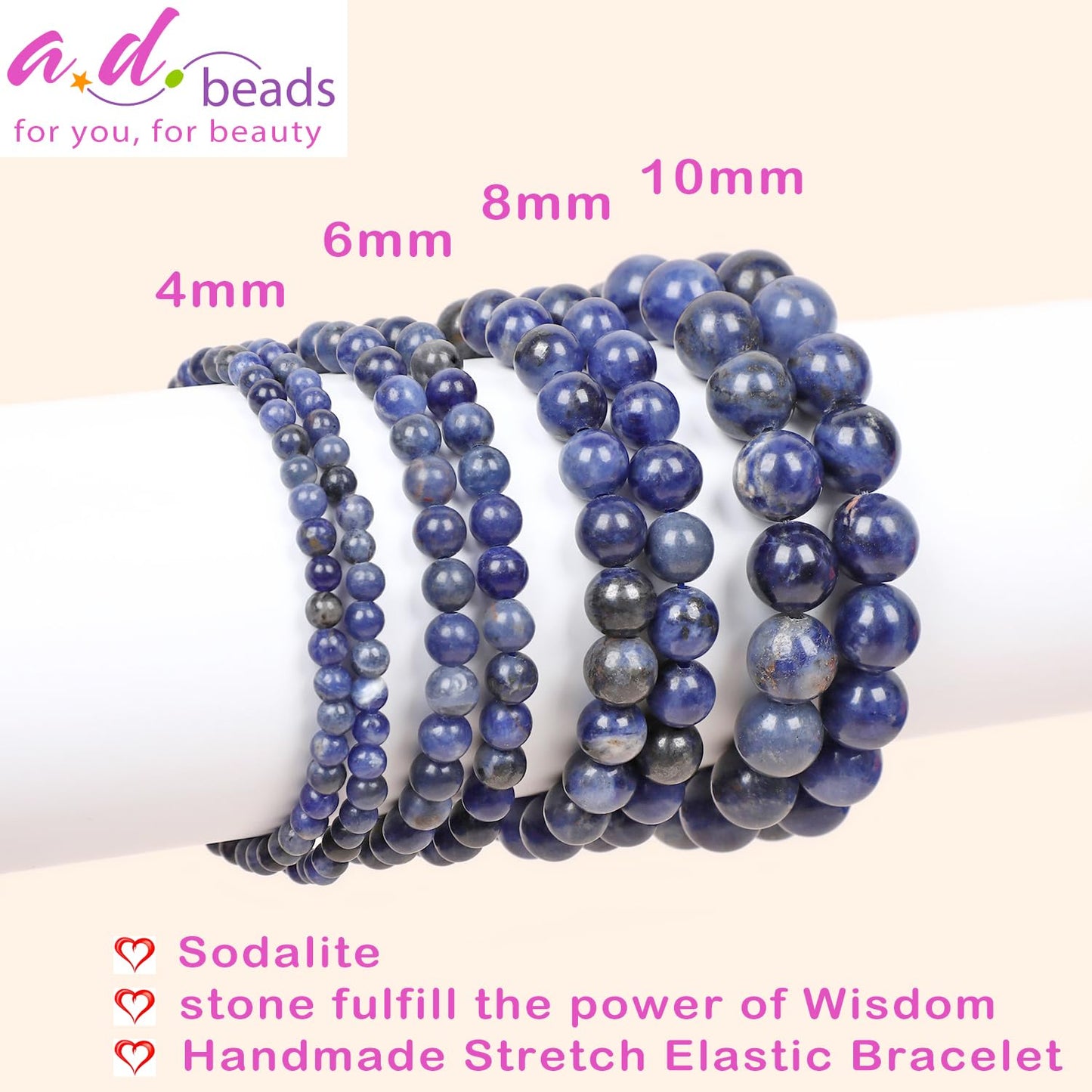 AD Beads Handmade Gemstone Stretch Elastic Bracelet Crystal Healing Reiki Nature's Beauty and Spiritual Essence Unisex (4mm, Blue Sodalite)
