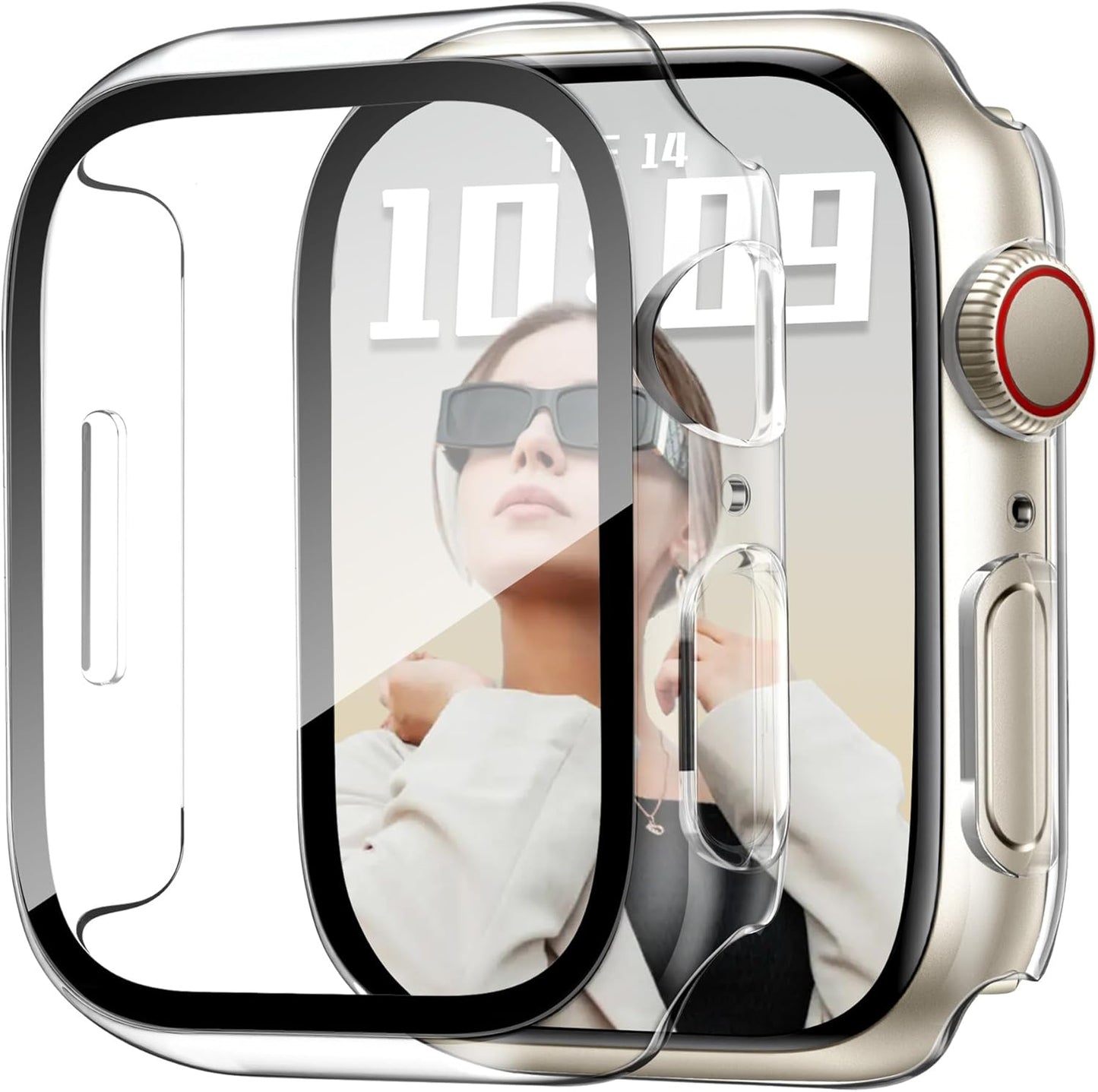 JR.DM 45mm 2 Pack Hard PC Case with HD Tempered Glass Screen Protector for Apple Watch Series 9/8/7, Slim Guard Bumper Full Coverage Protective Anti-Scratch Face Cover for iWatch, Clear+Clear