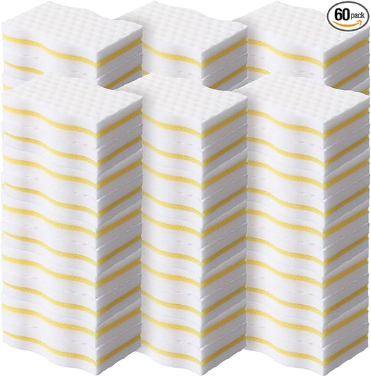 60 Pack Magic Extra Durable Sponge Eraser 3 Layer Density Cleaning Pads in Bulk Thick More Lasting Sponge Eraser for Bathroom Kitchen Floor Bathtub Toilet Cleaner (Yellow and White)