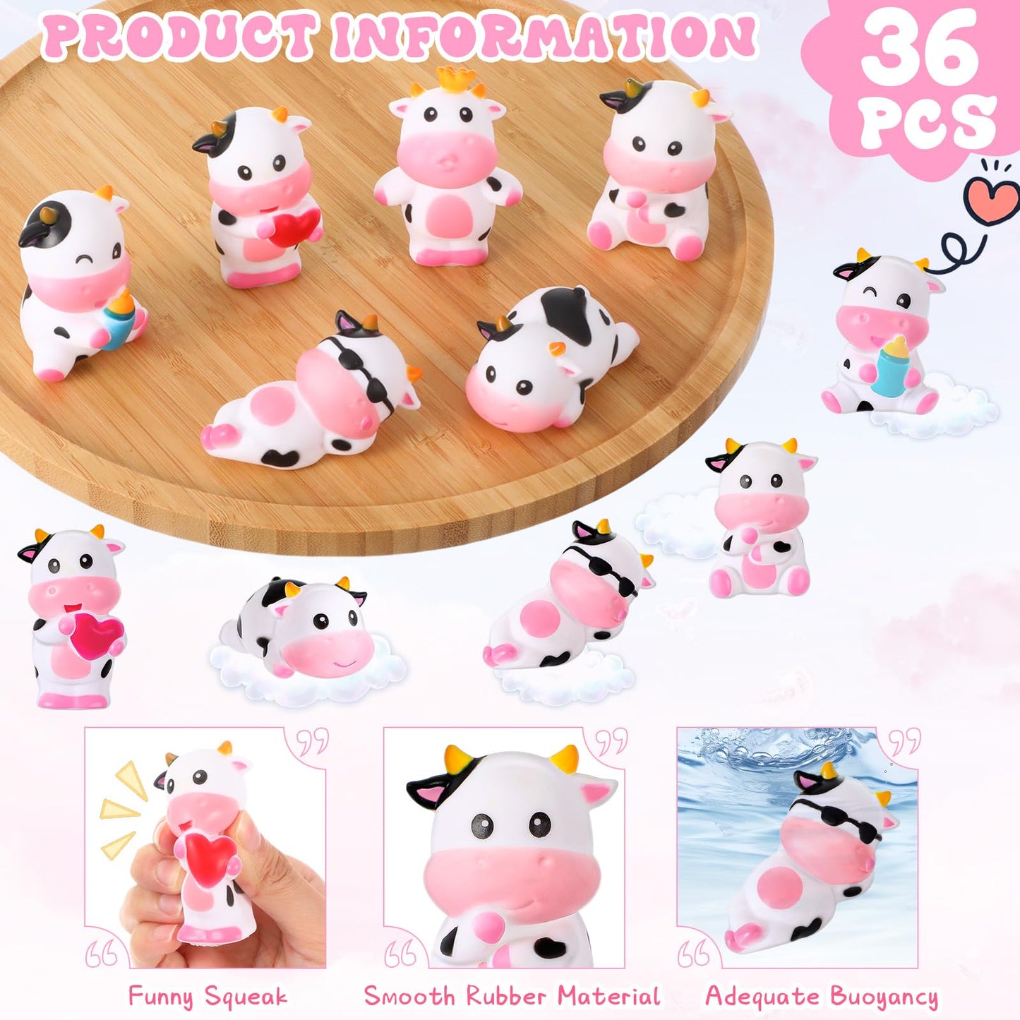 Jenaai 48 Pcs Cute Rubber Cows Bulk Squeak Floating Cow for Kids Bath Toys Rubber Animals Swimming Shower Bathtub Toy Favors for Party Baby Shower Dashboard Decor Carnival Gift