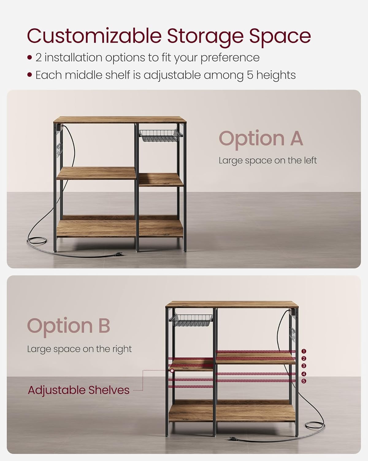VASAGLE Baker's Rack, Coffee Bar Stand with Charging Station, Storage Shelves, Pull-Out Wire Basket, Table for Microwave, Kitchen, Rustic Walnut UKKS036K41, 15.7 x 35.4 x 35.6 Inches