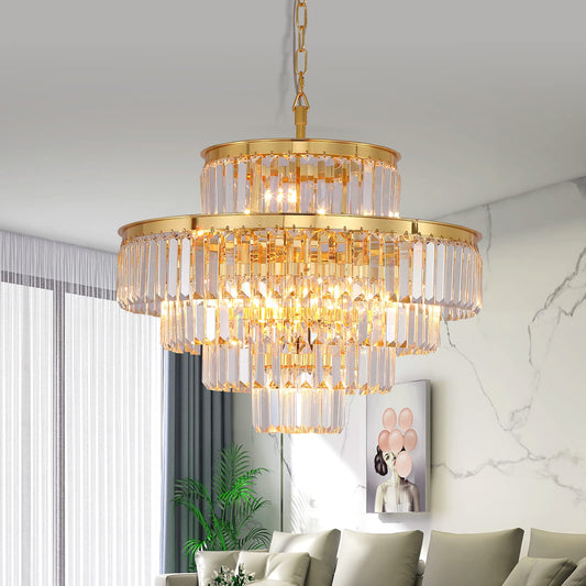 Lt-vt Gold Modern Style Crystal Chandeliers & LightsRound Hanging Classic, Pendant Ceiling Chandelier Lighting Fixture 5-Tier for Dining Room Living Room(Golden Orange,24 inch)