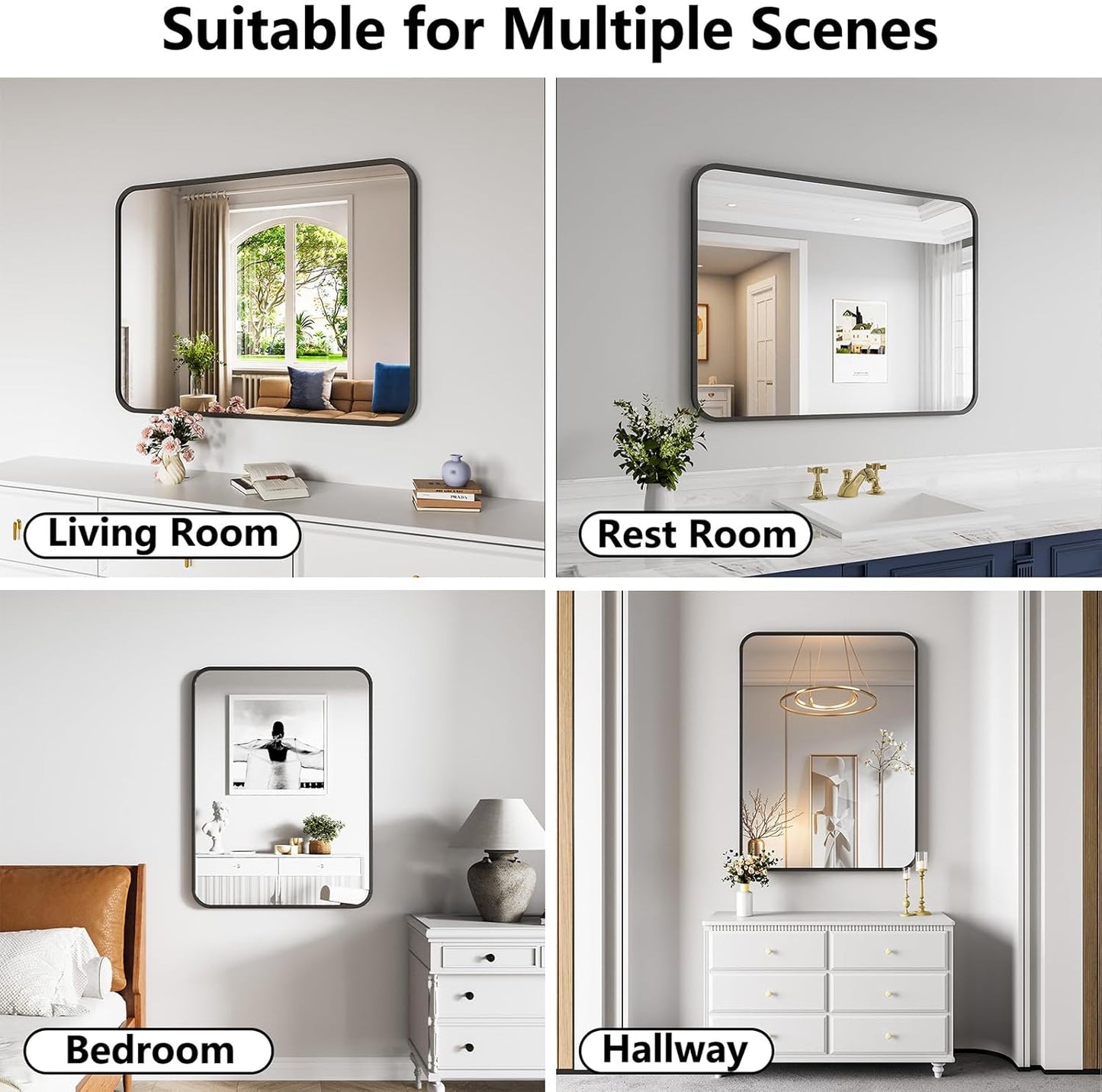Bathroom Mirror, 30X40 Inch Black Metal Framed Mirror for Bathroom, Tempered Glass, Anti-Rust, Rounded Rectangle Mirror for Restroom, Bedroom, Black