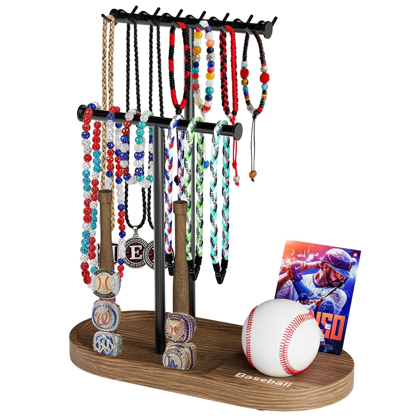 kulusion Baseball Display Case for Ball and Cards, 4-in-1 Necklace Ring Jewelry Stand, Sports Fan Display Organizer Case for MLB Collectibles, Gift for Baseball Lovers(Rustic Wood & Solid Metal)