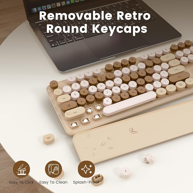 Wireless Keyboard, Round Keycaps, Retro Typewriter Keyboard with Detachable Wrist Rest, Sleep Mode, Foldable Legs, 2.4GHz Full-Size Cordless Computer Keyboard for Windows/PC/Laptop (Latte)
