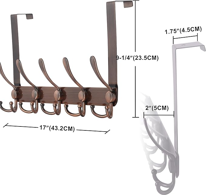 Dseap Over The Door Hook Hanger - 5 Tri Hooks, Heavy Duty Over The Door Towel Rack Coat Rack for Clothes Hat Towel,Red Antique Copper