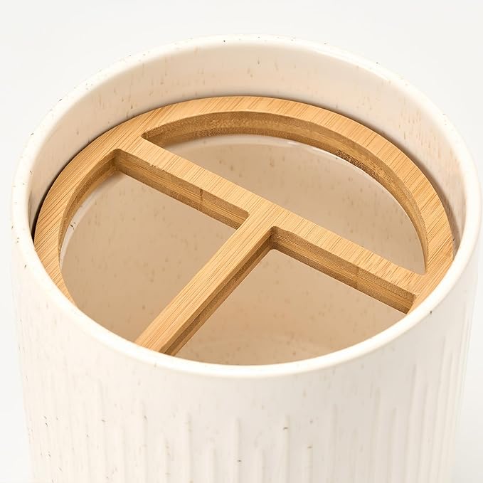 JIEMEI HOME Kitchen Utensil Holder, 7.2" Large Ceramic Stable Utensil Crock for Countertop, Utensil Organizer with Cork Mat, Removable Bamboo Divider for Easy, Kitchen Decor, Speckled White