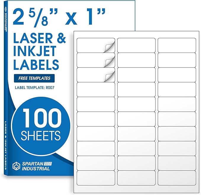 2 5/8" X 1" Matte White Printable Labels for Inkjet and Laser Printers - 100 Sheets, 3000 Total Custom Stickers for Address Labels, Mailing, Barcodes - Spartan Industrial Template R007