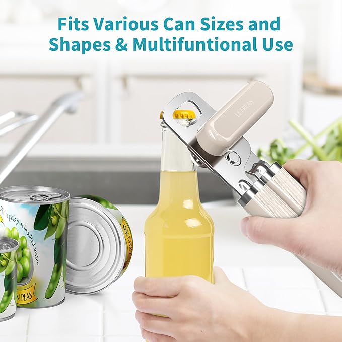 Ultrean Manual Can Opener Bottle Opener, Heavy Duty Stainless Steel Smooth Edge Manual Hand Held Can Opener With Soft Touch Handle, Rust Proof Oversized Handheld Easy Turn Knob (Apricot Yellow)