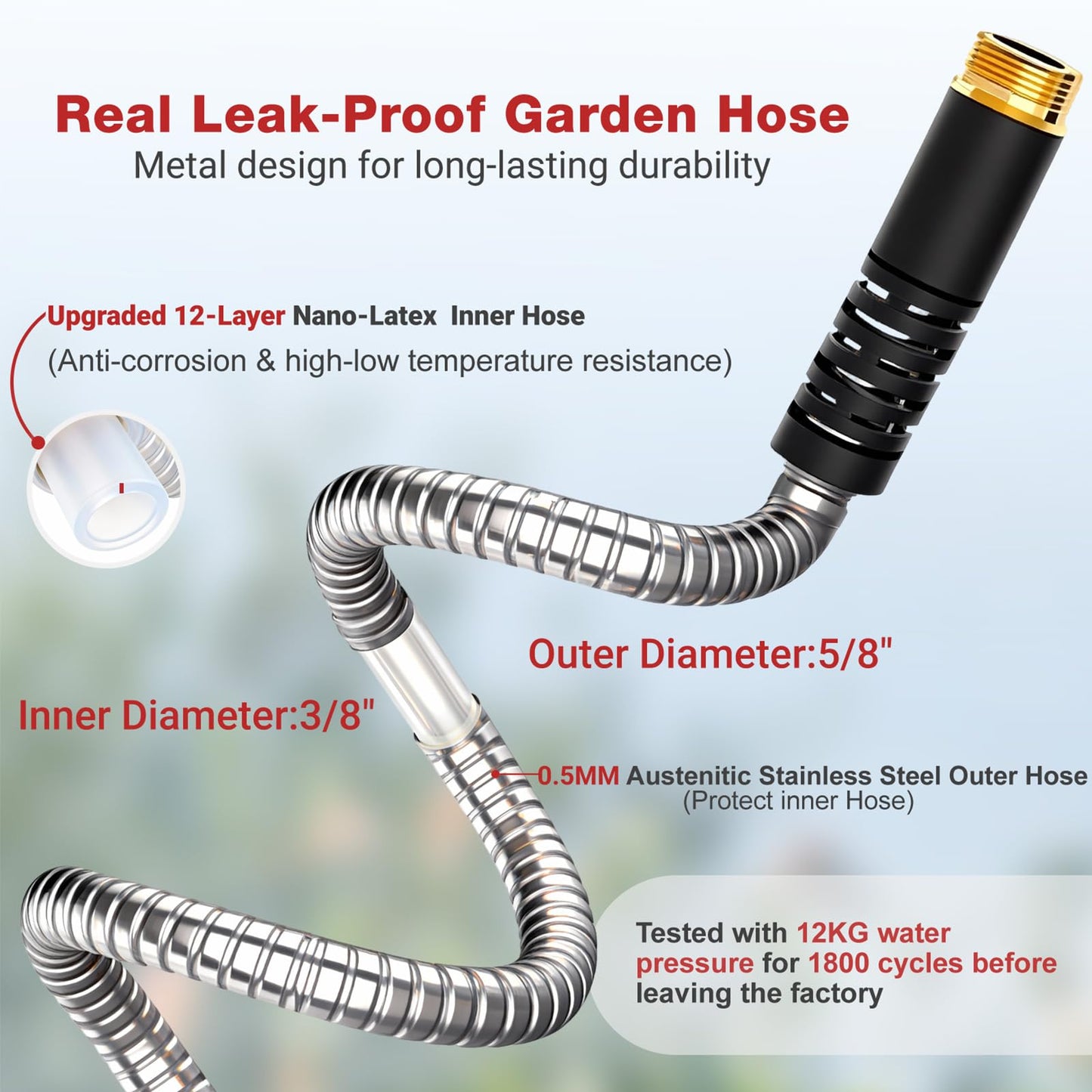 Lefree 125ft Stainless Steel Garden Hose - No-Kink Leak-Proof Crush Resistant, Dog Chew Proof with Upgraded Protective Rubber Sleeve, 10-Function Nozzle for Large Yard, Gardening, RV, Pet Bath