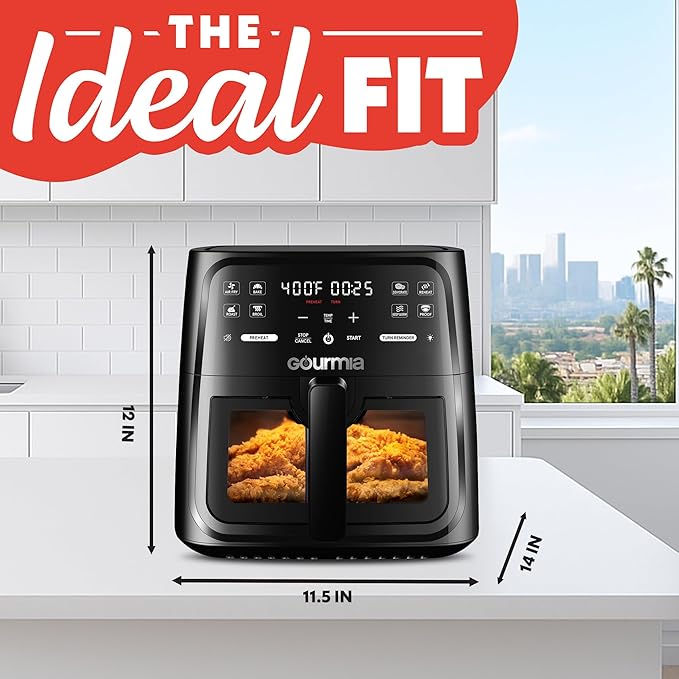 Gourmia 8 Qt Air Fryer, 8 Presets with Digital Display, FryForce 360° Technology, Easy View Window & Interior Light, Dishwasher Safe Basket, Black