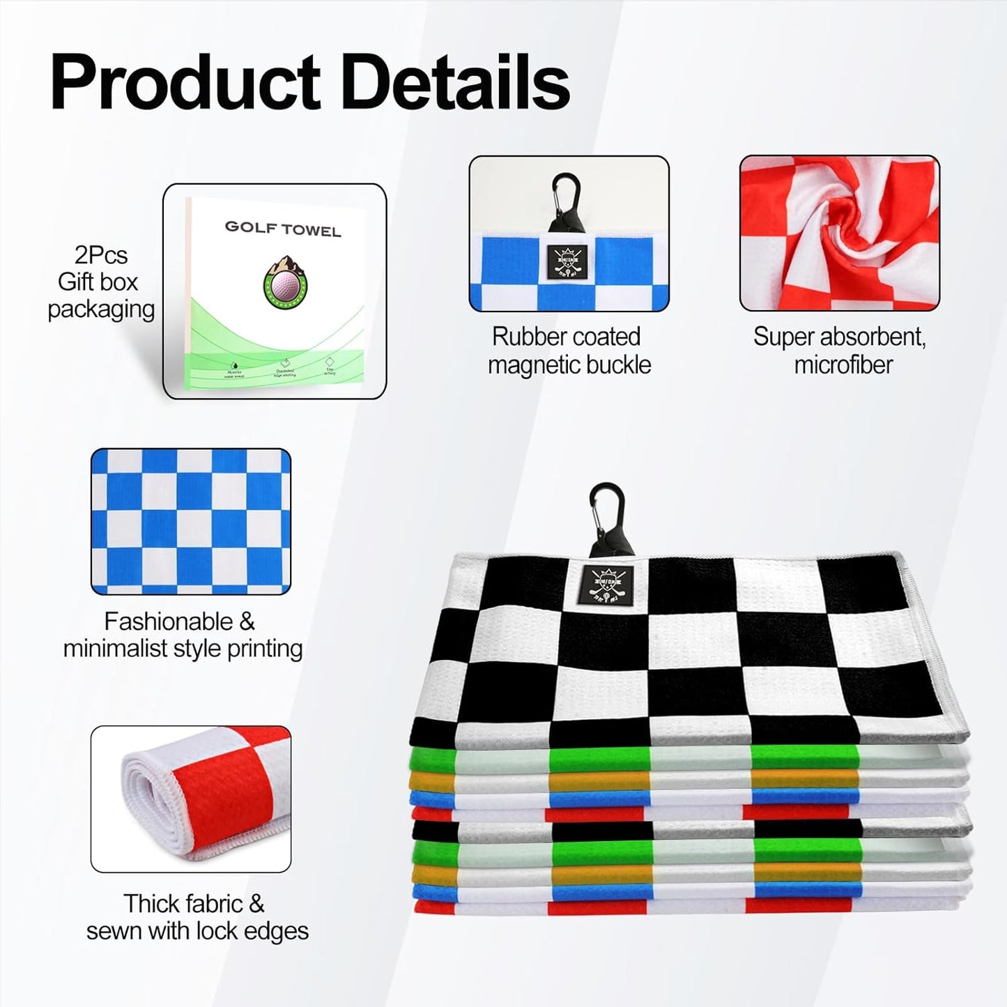 2 Pack 24"x16" Magnetic Golf Towels - Premium Waffle Pattern, with Magnet & Carabiner Clip for Golf Bags, Carts & Clubs. Essential for Men & Women Golfers - Blue/Blue