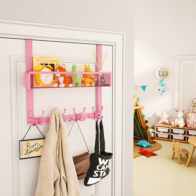 SWTYMIKI Over The Door Hook with 16 Hooks & Mesh Baskets - Heavy Duty Over The Door Organizer Hanger for Towels, Coats, Clothes - Space Saving Hanging Rack for Bathroom, Living Room, Pink