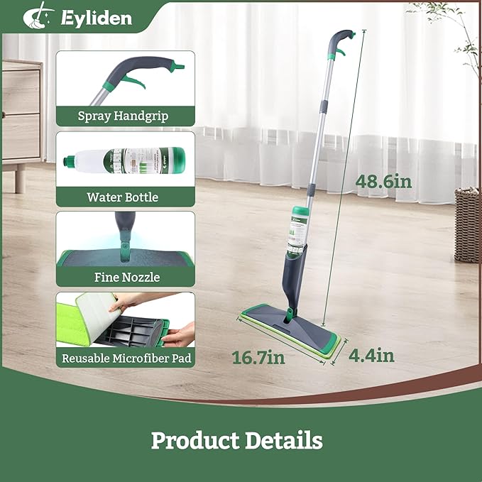 Eyliden Spray Mop - Includes Bio-Enzyme Multi-Surface Cleaner Concentrate, 2 Microfiber Pads | All-in-One Solution Floor Cleaning Kit, Long-Lasting Freshness Wet Mops for Hardwood, Tile, Marble