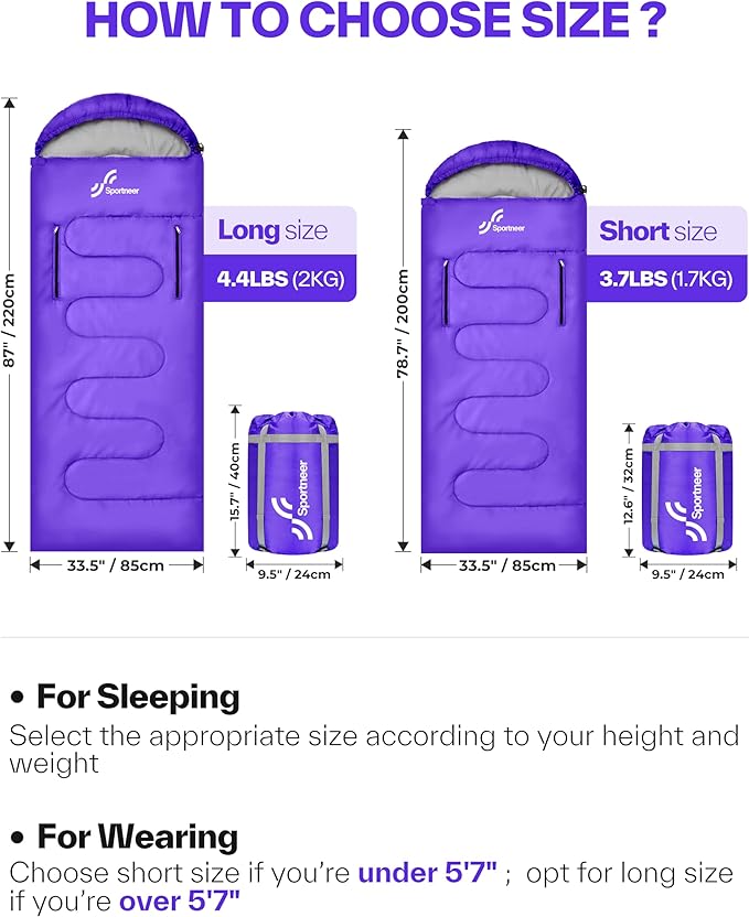 Sportneer 0 Degree Wearable Sleeping Bag for Adults & Kids – Walkable with Arm Zippers, Waterproof & Warm, Compact for Camping, Stadiums, Travel, Backpacking & Car Use