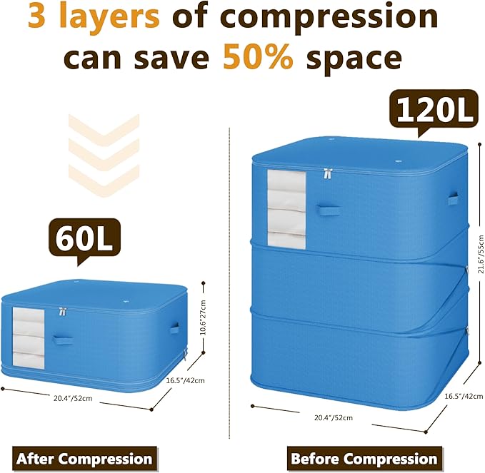 3-Pack Compression Storage Bags, Compressible and Foldable Wardrobe Organizers with Reinforced Handles, Ideal for Storing Clothes, Blankets, Down Comforters, Bed Sheets, Pillows and Toys (Blue)