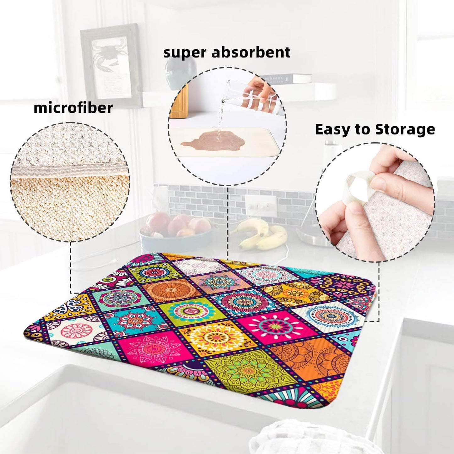 Boho Drying Mat 16" X 18" Abstract Plaid Kitchen Counter Stone Large Dish Drying Mats For Kitchen Colorful Drying Mats For Home Counter Flower Drying Mats For Dishes Dish Table Mat Drying Kitchen Mat