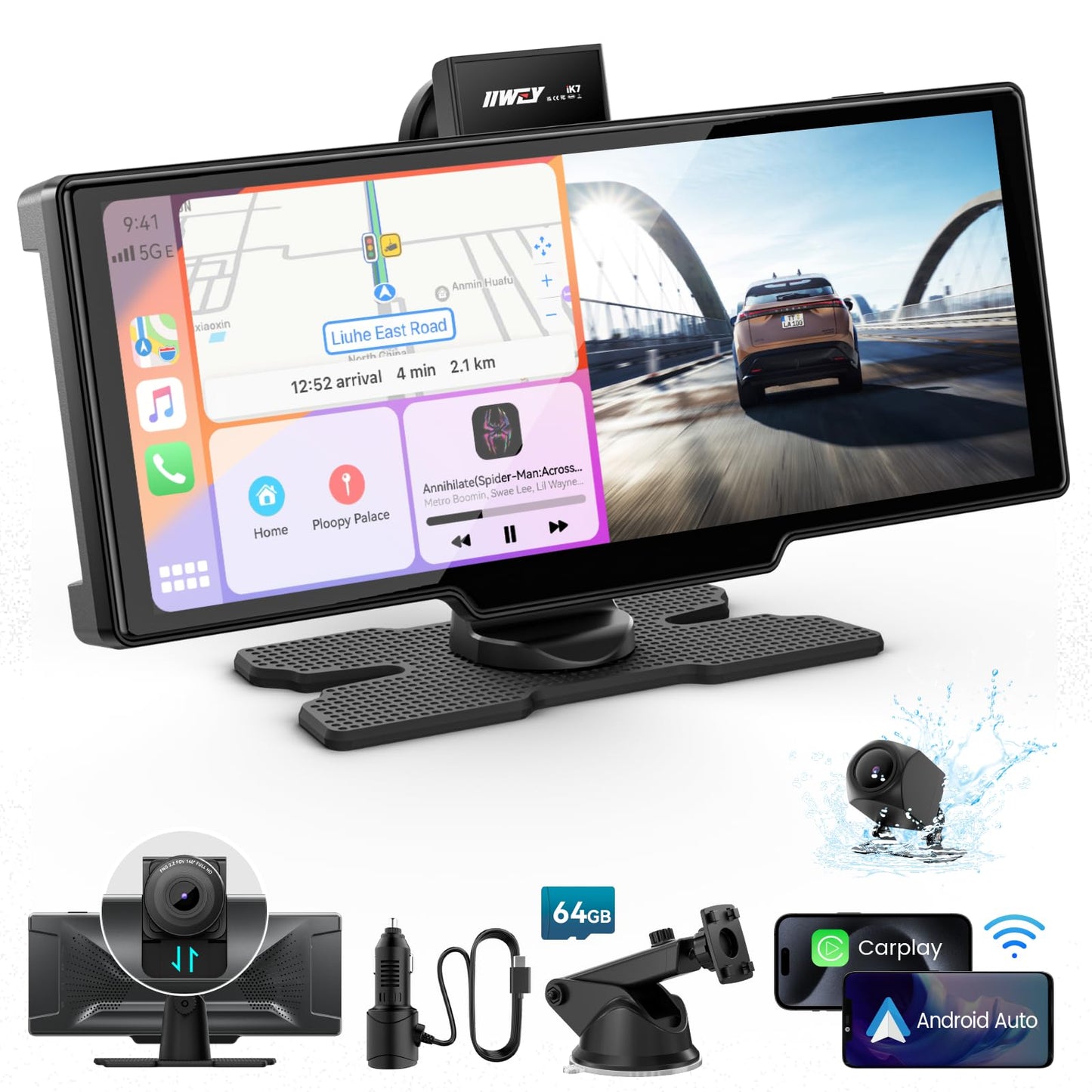 Portable Apple Carplay Screen, 10 Car Stereo Wireless Car Play & Android Auto Touch Screen, 4K Dash Cam, 1080P Backup Camera, Mi