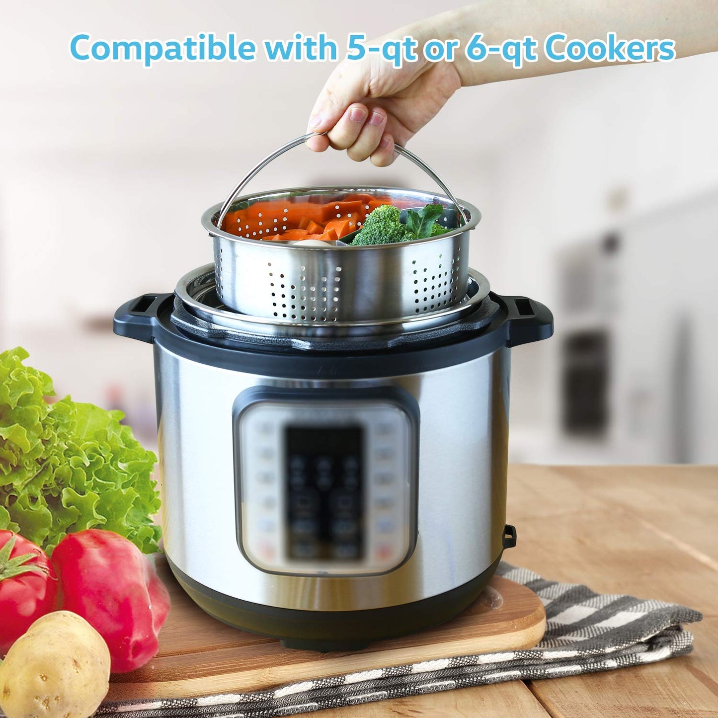 Haswe Steamer Basket for instant Pot Pressure Cooker, Accessories Set Compatible with 5/6/8 Qt InstaPot -18/8 Stainless Steel Strainer Insert with Silicone Handle,Divider,Egg Steamer Rack, 6 Quart