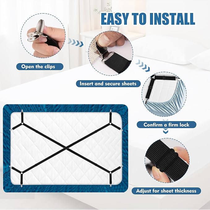 4Pcs Bed Sheet Straps with Metal Clips, Sheet Holders Adjustable Elastic, Bed Sheet Grippers Upgrade for Crib to King Size Bed Keep Sheets in Place(Black)