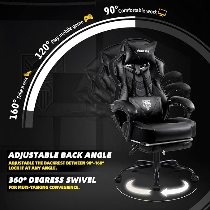 Vonesse Gaming Chair, High Back Office Chair with Footrest and Massage, Gaming Chairs for Adults with Pocket Spring Cushion, Big and Tall Reclining Computer Chair with Lumbar Support (Classic Black)