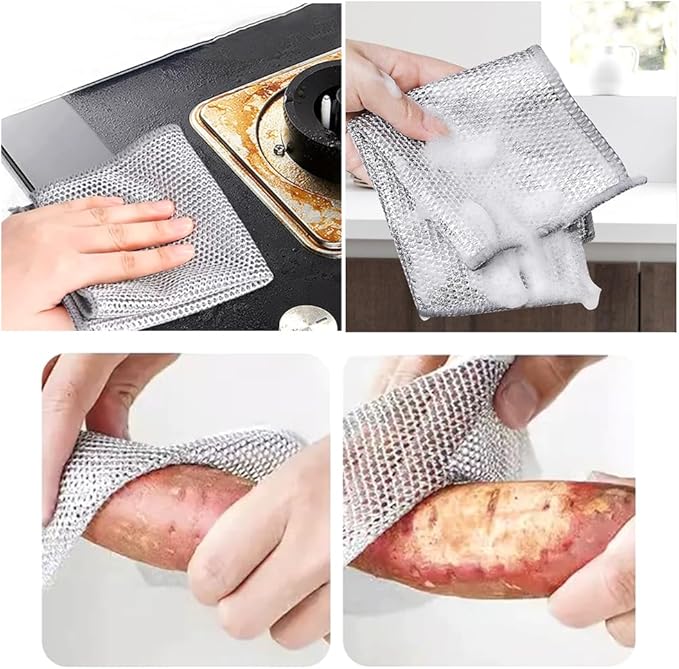 YinQin 10PCS Double Layer Stainless Steel Scrubber Wire Dishwashing Cloth Non Scratch Stainless Steel Mesh Dish Cleaning Cloth 20x20 cm Metallic Wire Cleaning Rag Towel for Kitchen Dish Sink Stove Top